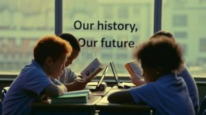“Students reading ‘Our history, Our future’ message”